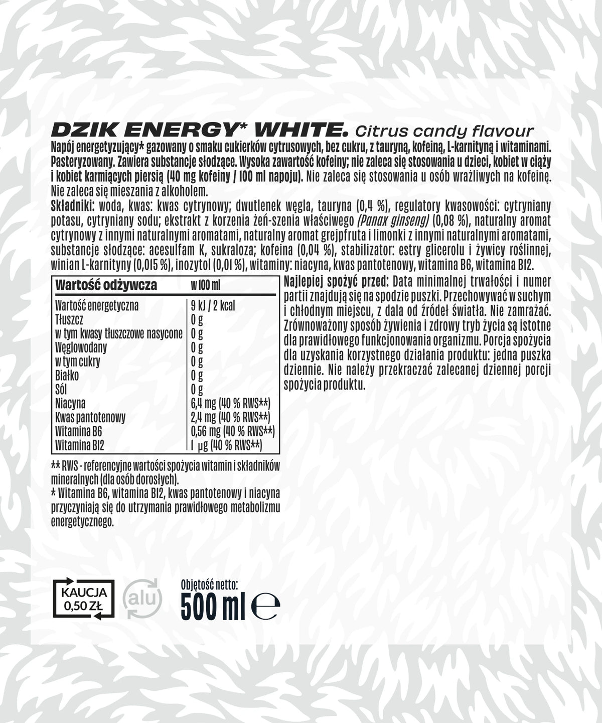 WK DZIK NAPOJ ENERGTYCZNY 500 ML PUSZKA ZERO KALORII WHITE