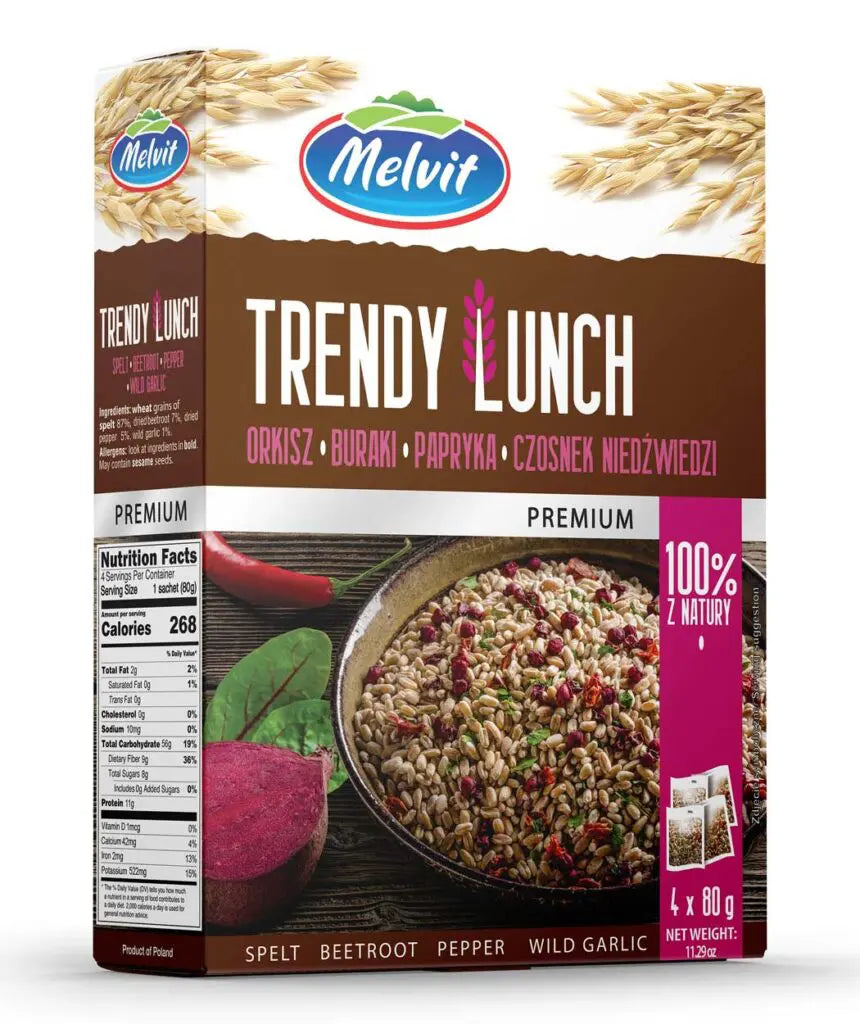 MELVIT TRENDY LUNCH 4*80G GOTOWA MIESZANKA ORKISZKI BURAKI PAPRYKA CZOSNEK NIEDZWIEDZI