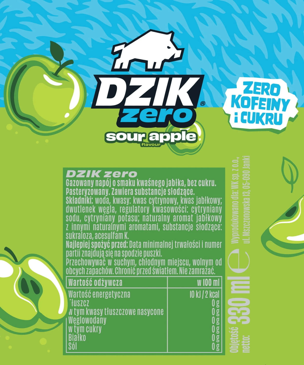 WK DZIK NAPOJ GAZOWANY 330ML PUSZKA KWASNE JABLKO ZERO KOFEINY ZERO KALORII