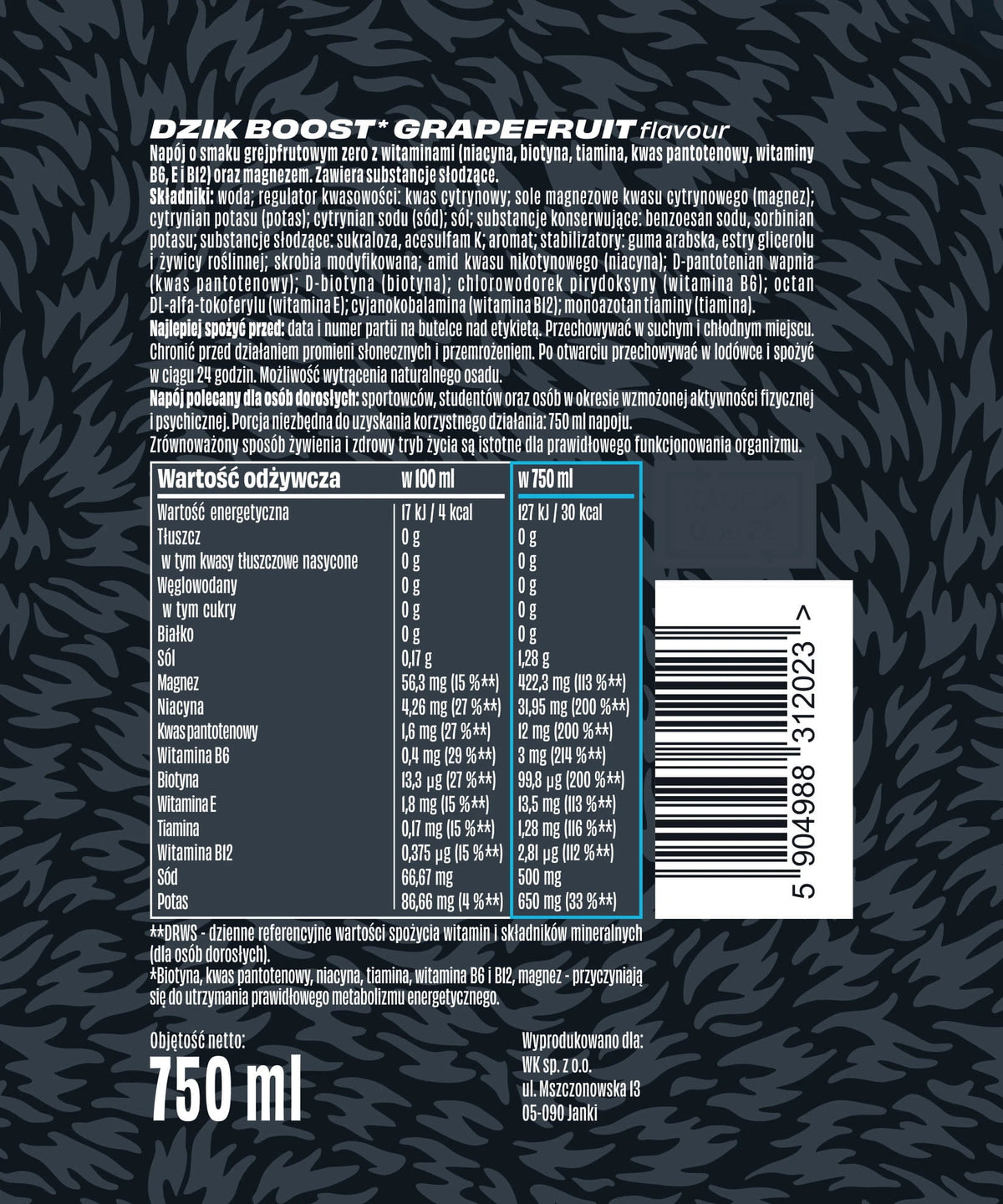 WK DZIK NAPOJ IZOTONICZNY DZIK VITAMIN BOOST ZERO GREJFRUT 750ML
