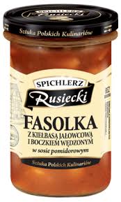 RUSIECKI FASOLKA Z KIEŁBASĄ JAŁOWCOWĄ I BOCZKIEM WĘDZONYM W SOSIE POMIDOROWYM 470G