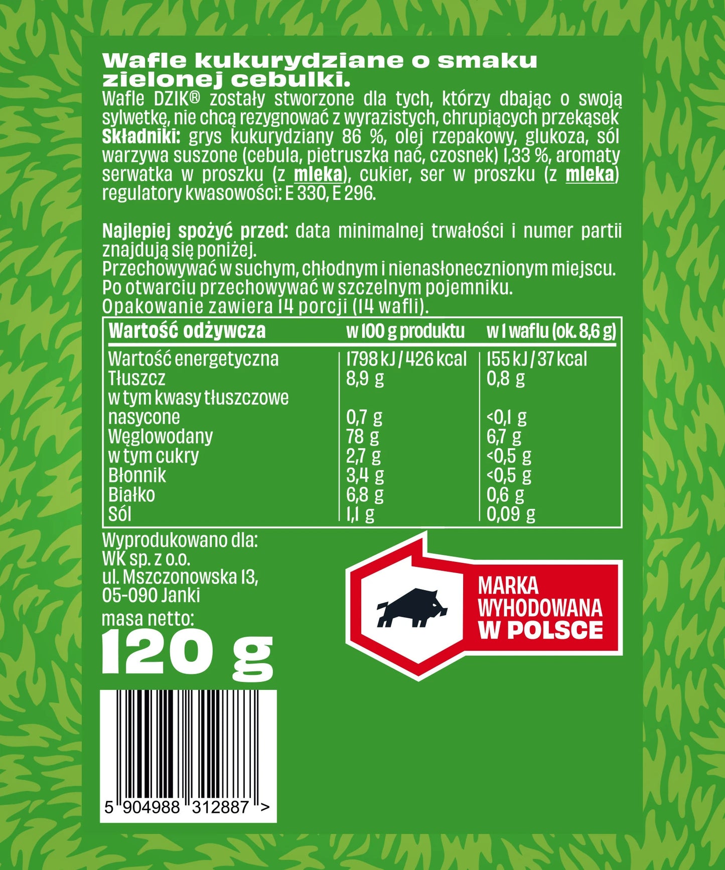 WK DZIK WAFLE KUKURYDZIANE 120G ZIELONA CEBULKA