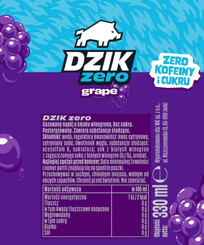 WK DZIK NAPOJ GAZOWANY 330ML PUSZKA WINOGRON ZERO KOFEINY ZERO KALORII