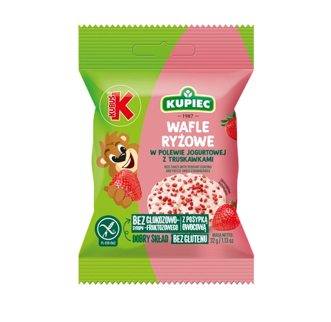 KUPIEC KUBUS WAFLE RYZOWE 32G Z POLEWA JOGURTOWA Z LIOFILIZOWANA TRUSKAWKA