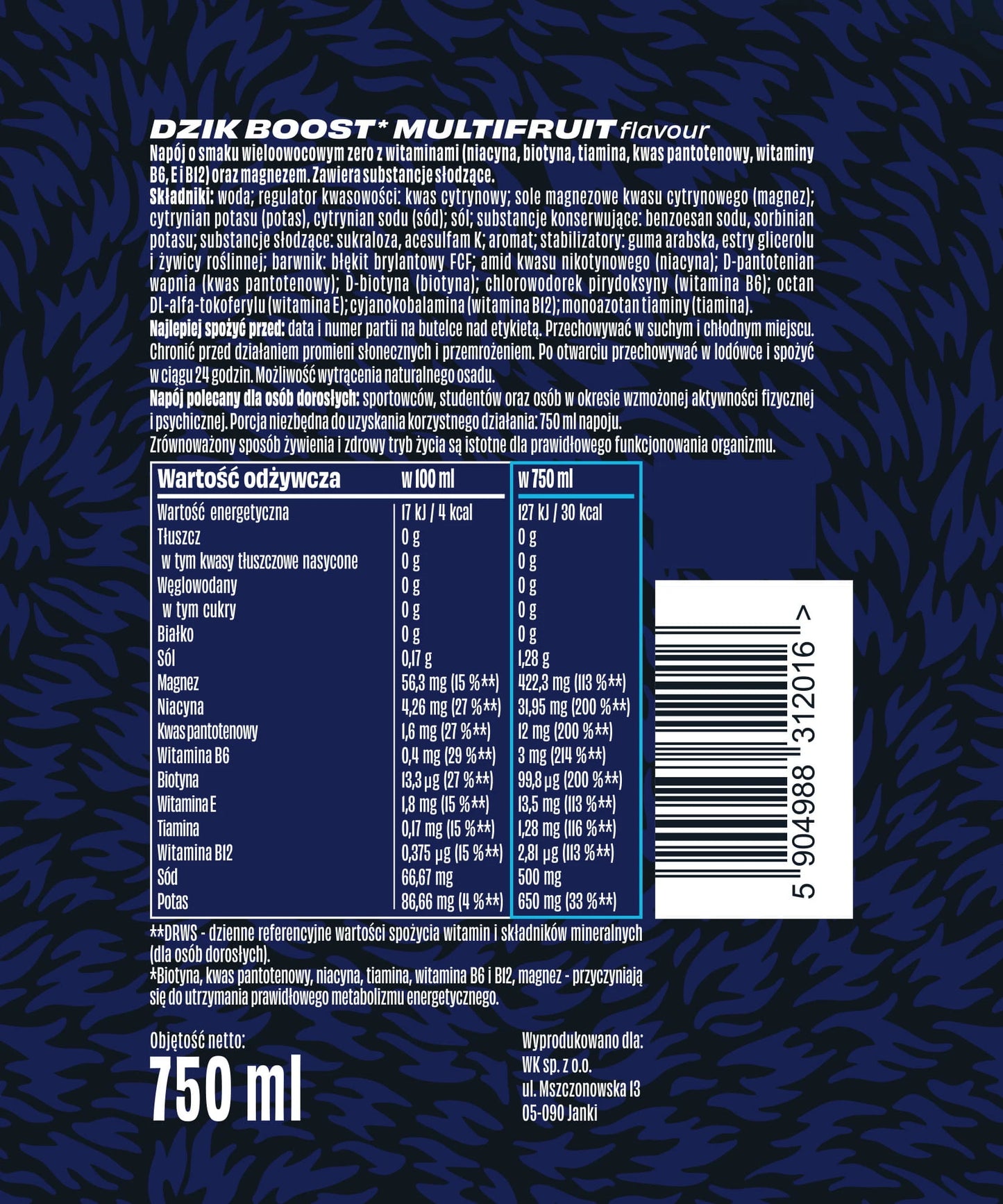 WK DZIK NAPOJ IZOTONICZNY DZIK VITAMIN BOOST ZERO 750ML