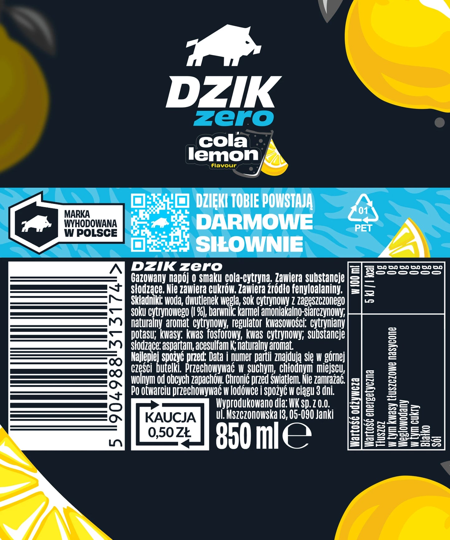 WK DZIK NAPOJ 850ML PET GAZ ZERO COLA&LEMON