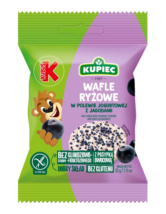 KUPIEC KUBUS WAFLE RYZOWE 32G Z POLEWA JOGURTOWA Z JAGODA SUSZONA