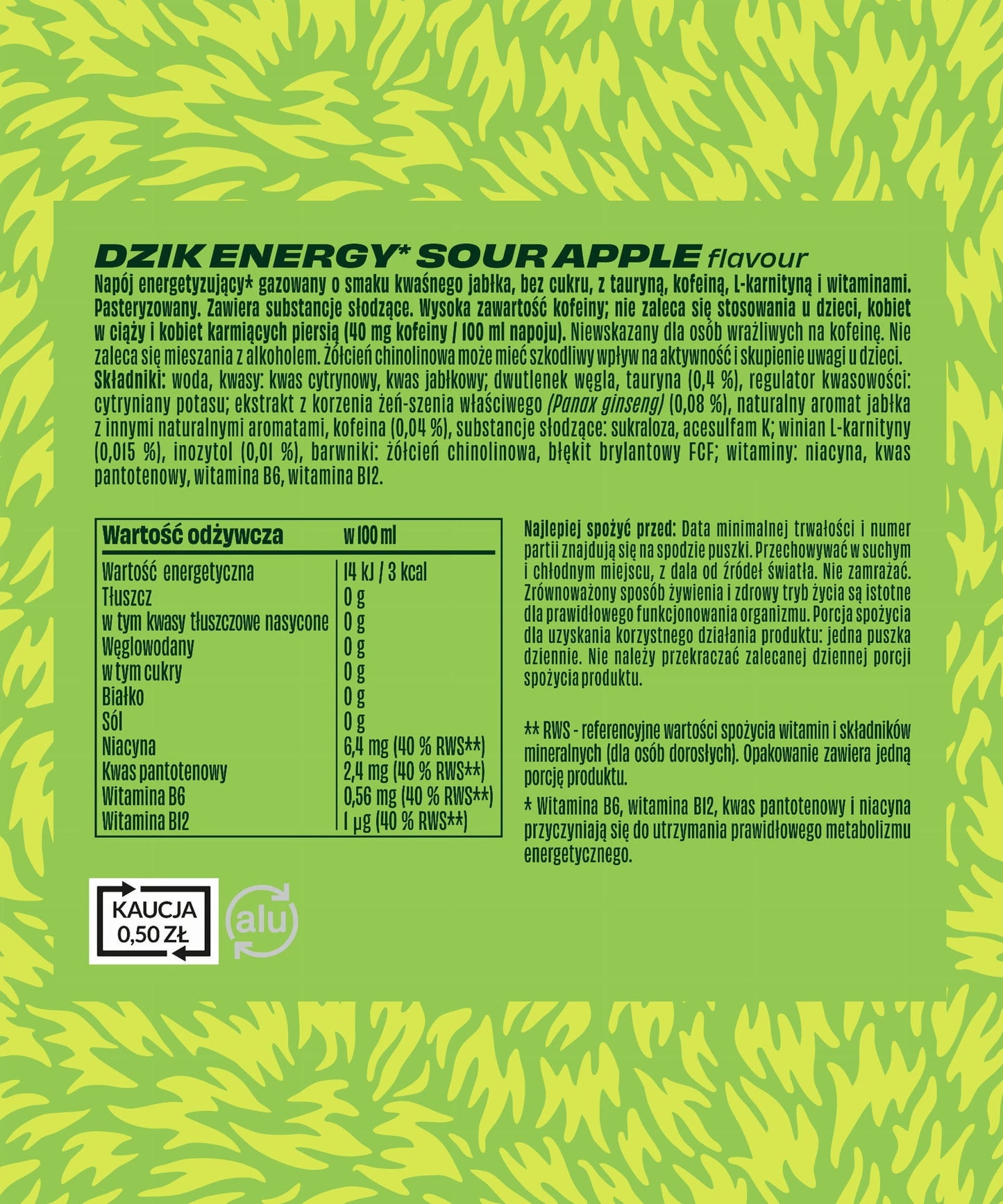 WK DZIK DZIK ENERGY NAPOJ ENERGETYCZNY 500ML PUSZKA KWASNE JABLKO ZERO KALORII